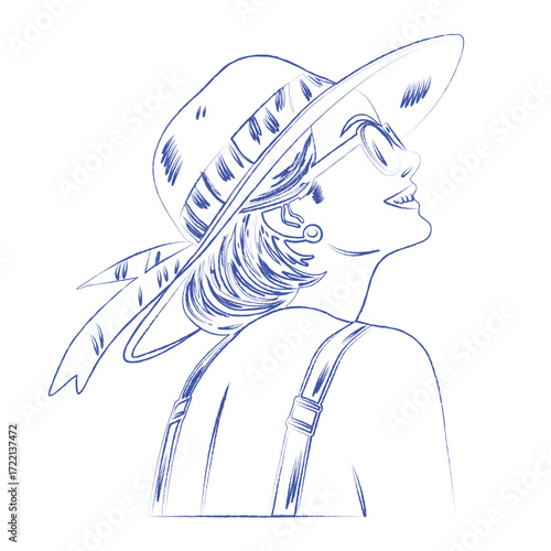 Happy woman in a summer hat and sunglasses vector illustration. Hand-drawn charcoal rough doodle sketch style of a smiling character looking up at the sun. Italian, Greece style, Coastal living.