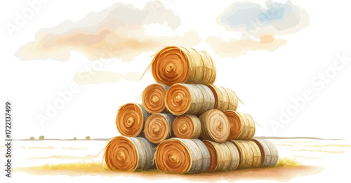 Watercolor vector illustration a haystack in a field.