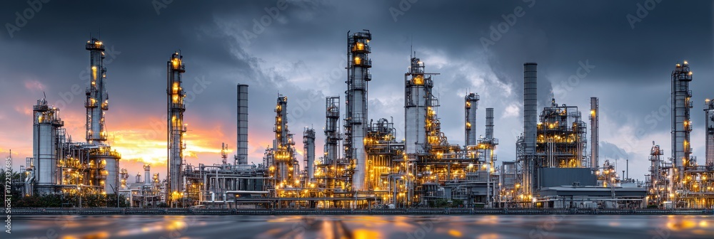 Naklejka premium Industrial complex illuminated at sunset showcasing infrastructure and machinery against a dramatic sky