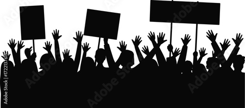 Protest crowd silhouette, raised hands with blank signs, unity demonstration vector, social movement illustration, activism, political rally, public gathering concept