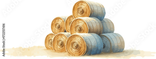 Watercolor vector illustration a haystack in a field.