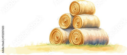 Watercolor vector illustration a haystack in a field.