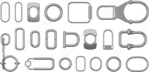 Set of metal rings, hooks, buckles, loops, and hardware accessories for bag strap, belt, garment, fashion design vector illustration