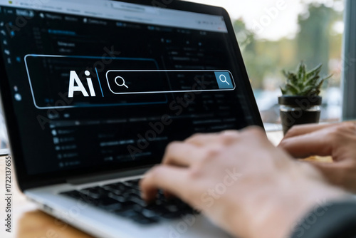 Hands typing on a laptop keyboard with an AI search bar searching for artificial intelligence technology concept