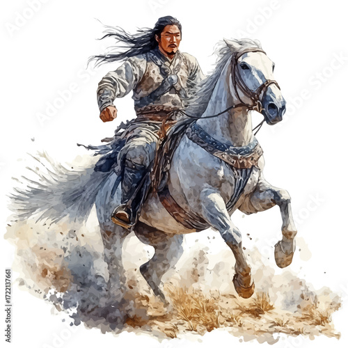 Mongolian Nomadic Games, watercolor drawing vector, isolated on a white background.