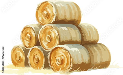 Watercolor vector illustration a haystack in a field.