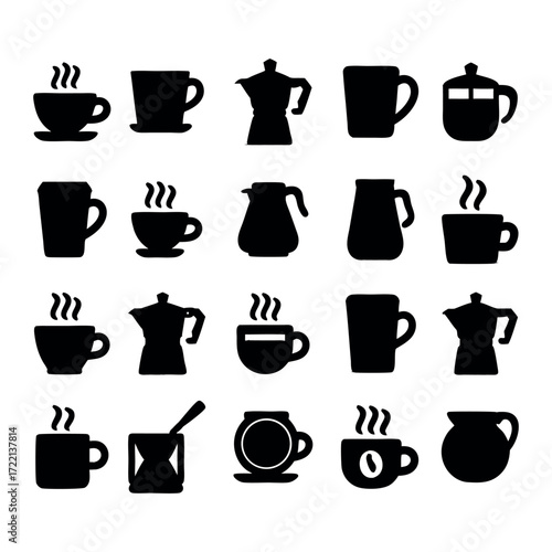 Collection of black coffee cup and pot silhouettes