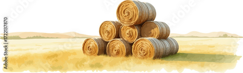 Watercolor vector illustration a haystack in a field.