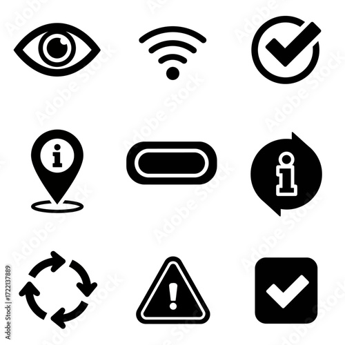 Versatile set of black and white vector icons for web and mobile app design, featuring common user interface symbols for navigation and status