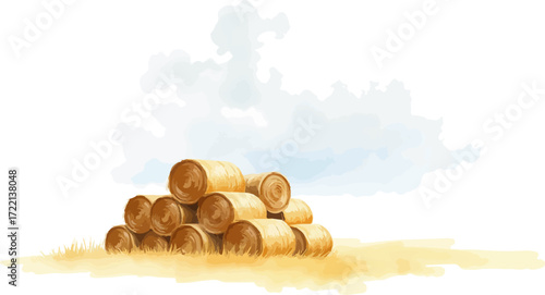 Watercolor vector illustration a haystack in a field.