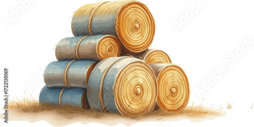 Watercolor vector illustration a haystack in a field.