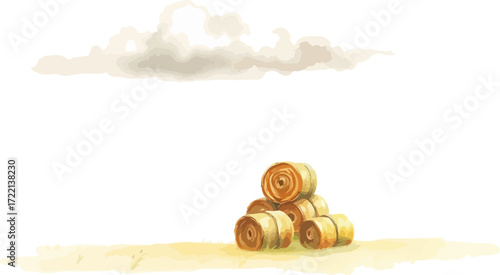 Watercolor vector illustration a haystack in a field.