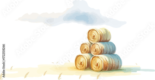 Watercolor vector illustration a haystack in a field.