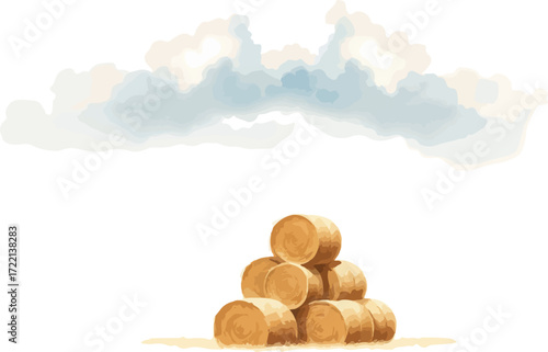 Watercolor vector illustration a haystack in a field.