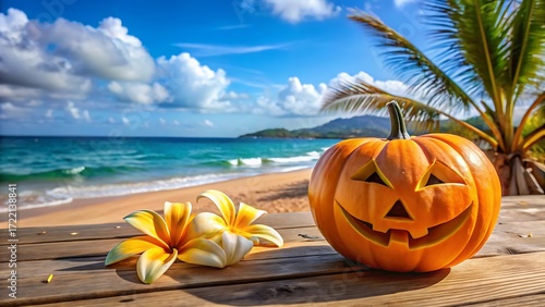 Fototapeta Naklejka Na Ścianę i Meble -  Halloween pumpkin on a tropical beach with flowers and palm tree leaves