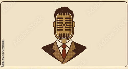 Retro Microphone Headset Symbol on a Man's Suit Jacket, Representing a Speaker or Announcer with Vintage Appeal