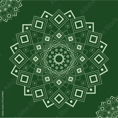 Mandala art editable eps illustration of intricate geometric mandala pattern with repeating diamond shapes and starburst center, set against a solid dark green background, creating a symmetrical and m