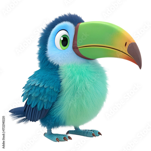 Fluffy 3D Cartoon Toucan with Neon Beak Isolated on Transparent Background