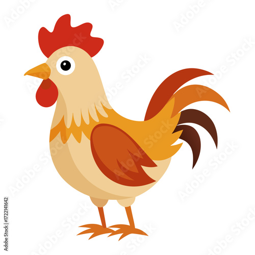 Vibrant cartoon rooster strutting confidently, a charming animal illustration perfect for children's books or farm-themed designs, expressing rustic charm and playful energy in a stylized way
