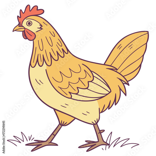 Adorable cartoon hen prancing playfully across a field, perfect for children's books, farm-themed designs, or educational materials with its charming, whimsical style