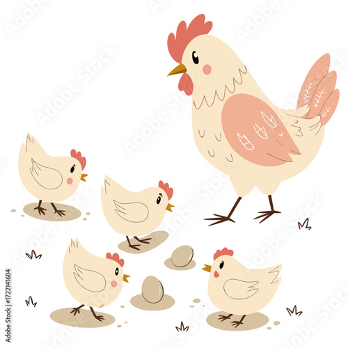 Delightful cartoon hen watches over her adorable chicks foraging for food around freshly laid eggs, a charming illustration perfect for children's books or educational materials