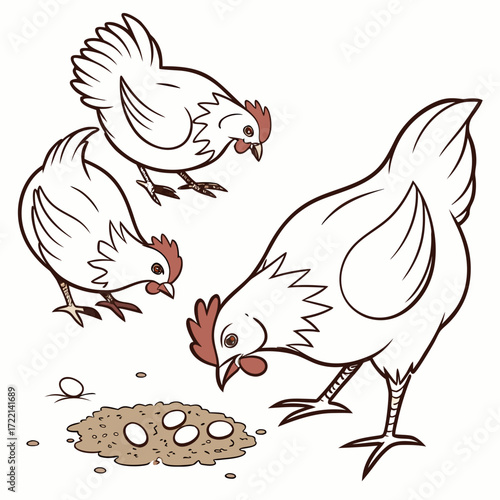 Delightful cartoon hens pecking at a nest full of fresh eggs, capturing the charm of farm life and rural simplicity, ideal for children's books and farm-themed designs