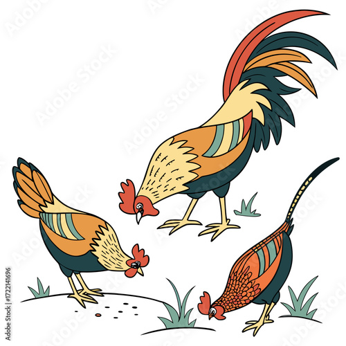 Stylized Roosters Pecking for Food, Vibrant Cartoon Birds in a Farmyard Setting, Playful Fowl Design for Children's Book Illustration, Colorful Rooster Clipart