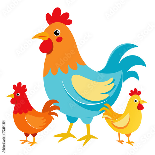Colorful cartoon rooster family, a charming trio of chicken illustrations, radiating joy, perfect for children's books, farm-themed designs, and joyful springtime celebrations