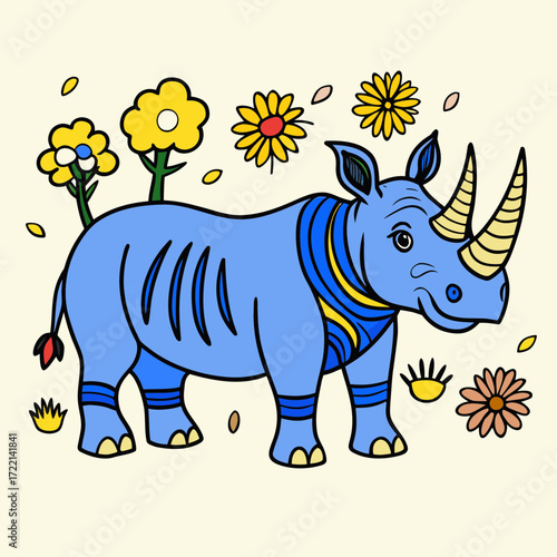 Playful blue rhino illustration surrounded by vibrant flowers offers whimsical charm and positive energy, perfect for children's books, educational content, and joyful designs
