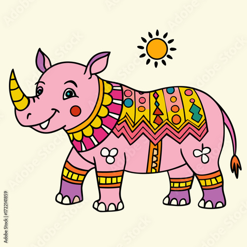 Playful pink rhino with tribal decorations under a bright sun, perfect for children's books and vibrant designs, radiating joy and whimsical adventure, bringing smiles to faces