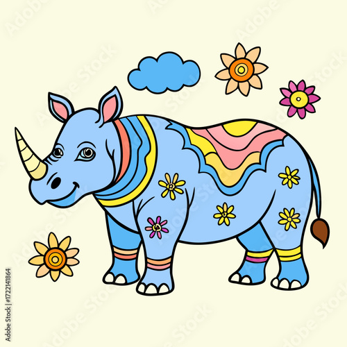 Whimsical rhino character with floral accents and cloud design, perfect for children's books and playful designs, radiates joy and imagination, originally a scalable vector graphic