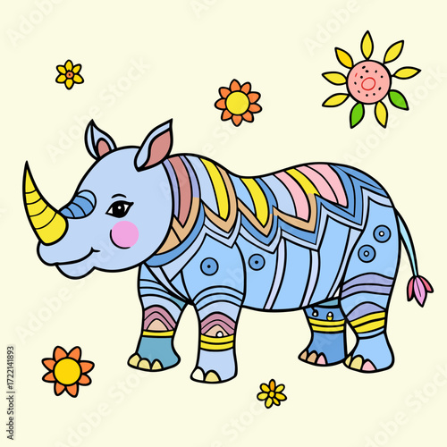 Playful rhino character with decorative patterns and whimsical flowers, perfect for children's books, creative projects, and colorful designs that bring joy and imagination