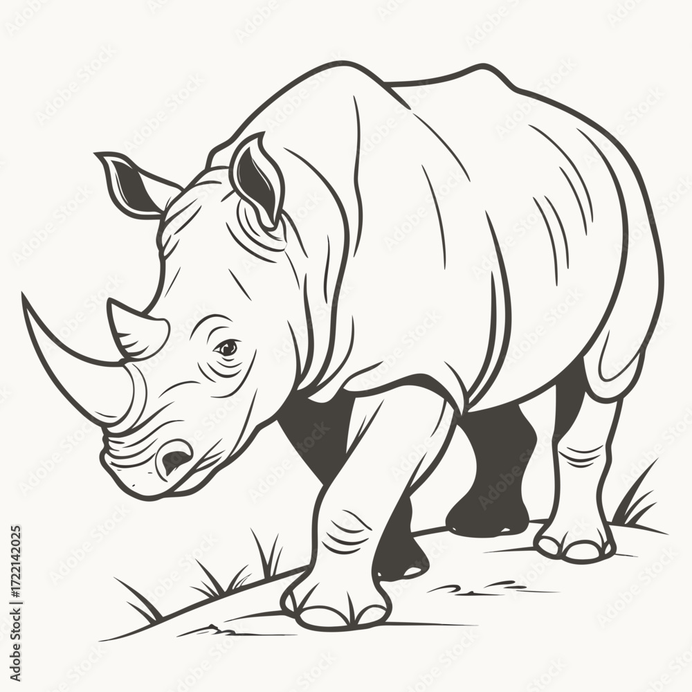 Obraz premium Majestic rhinoceros walking with powerful stride across textured ground, bold linework conveying strength and wild nature, perfect for conservation or safari themes