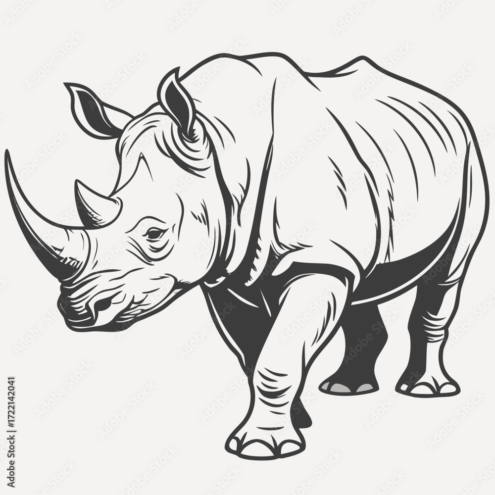 Fototapeta premium Powerful rhino strides forward, a bold wildlife symbol perfect for conservation campaigns or striking logo designs, showcasing strength and resilience from an original vector graphic