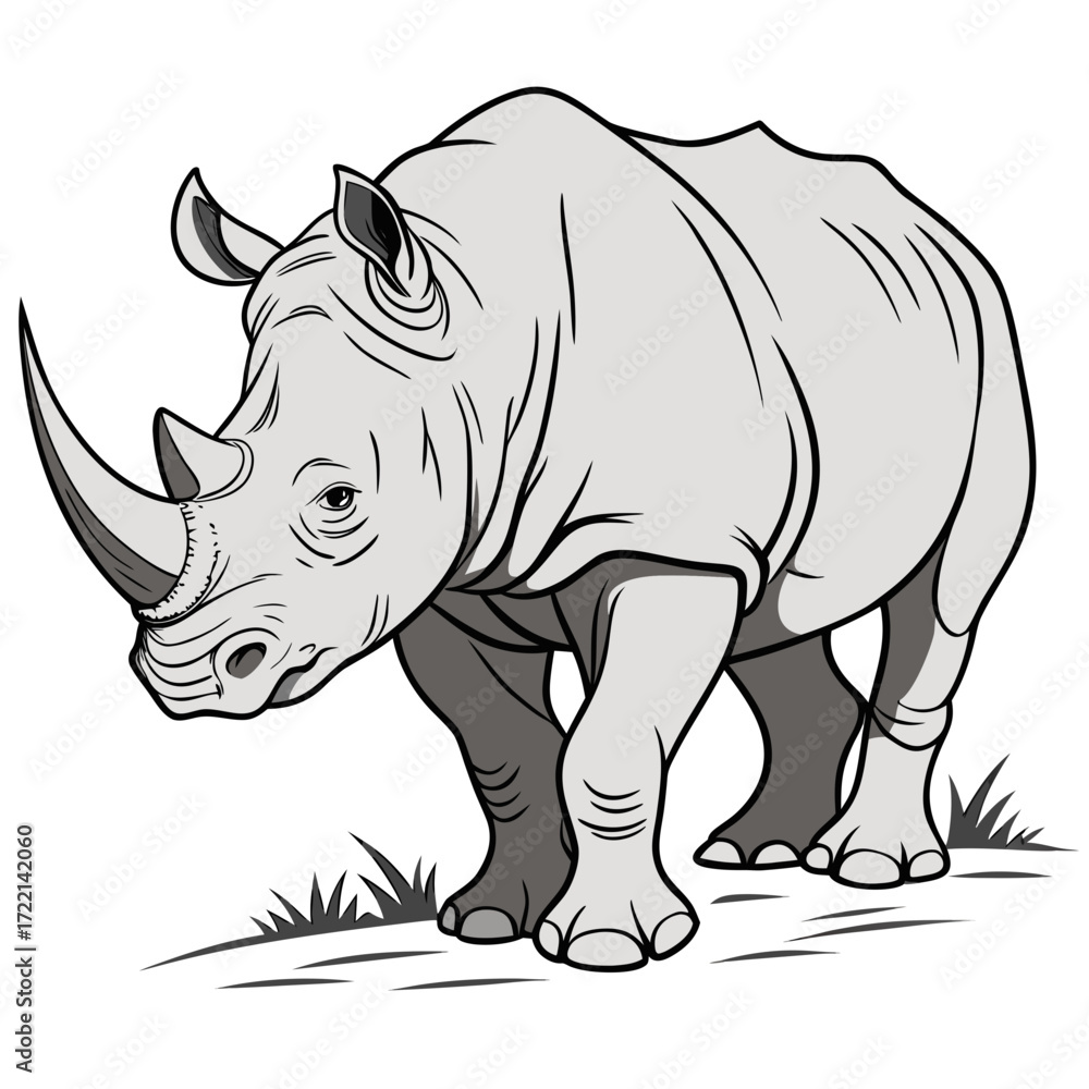 Obraz premium Majestic rhinoceros with powerful horn stands stoically on grassy terrain showcasing its impressive strength and wild nature, perfect for conservation or safari themes
