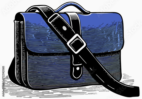 Blue Leather Briefcase with Shoulder Strap, Handbag, Portfolio
