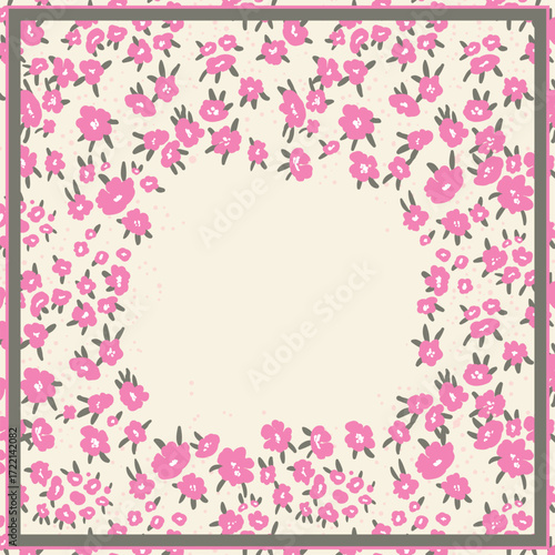 Print for kerchief, bandana, scarf, handkerchief, shawl, neck scarf. Squared pattern with ornament for fabric, textile, silk products. Paisley vector with abstract flowers. Floral folk tracery.