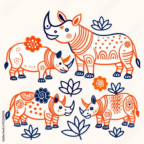 Charming herd of stylized rhinos adorned with decorative patterns and floral elements, perfect for children's decor, apparel, and whimsical designs.
