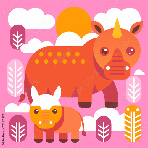 Charming cartoon rhinoceros and baby with whimsical trees and clouds under a bright sun, perfect for playful children's themes and vibrant nursery decor
