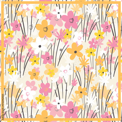 Print for kerchief, bandana, scarf, handkerchief, shawl, neck scarf. Squared pattern with ornament for fabric, textile, silk products. Paisley vector with abstract flowers. Floral folk tracery.
