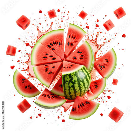 Exploding watermelon slices, summer splash background, food advertising