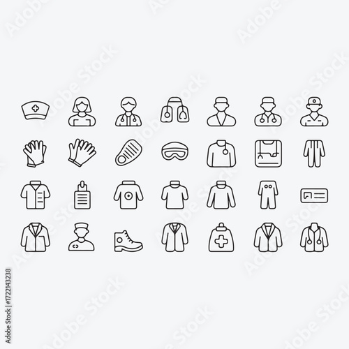 Medical uniform and equipment icons line art collection healthcare doctor