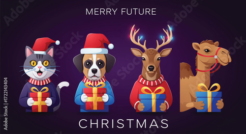 Cute animals in Christmas sweaters holding gifts, Merry Future Christmas. Festive illustration of a cat, dog, reindeer, and camel, each wearing a Christmas sweater and Santa hat.
