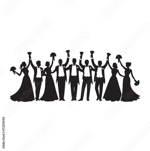 Silhouette of wedding party with bride groom and bridesmaids holding bouquets and raising hands vector
