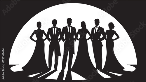 Silhouettes of three men in tuxedos and three women in evening gowns standing together group