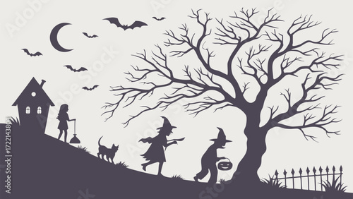 Halloween doodle silhouette with pumpkins, ghosts, candies, bats, coffins, spiders, spider webs, bones, and spooky elements in minimal black outline style isolated on light background