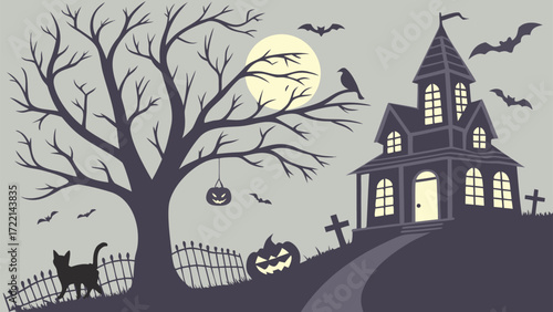 Halloween doodle silhouette with pumpkins, ghosts, candies, bats, coffins, spiders, spider webs, bones, and spooky elements in minimal black outline style isolated on light background