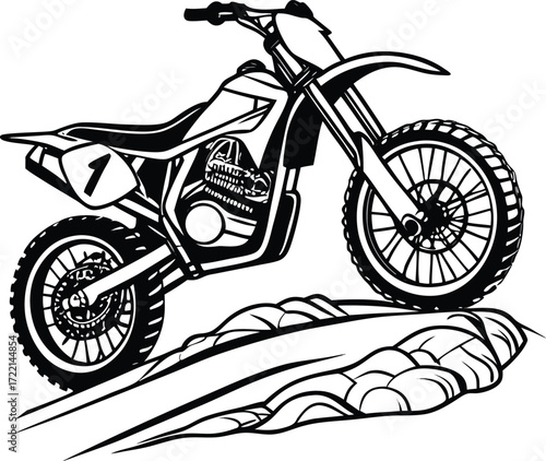 Motocross Bike Climbing Rocky Terrain, Black and White Illustration with Racing Number and Off-Road Detail