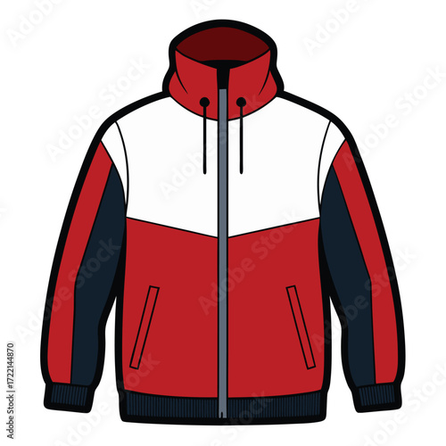 Shop hooded jacket red white and navy blue color block outerwear for men and women online now