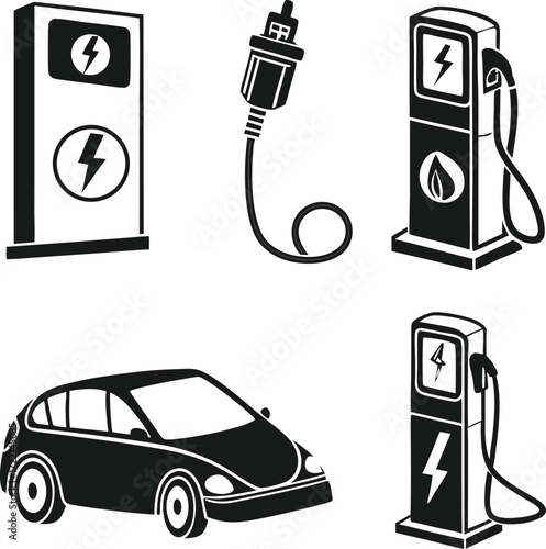 Electric and Fuel Vehicle Icons ,Black and White Vector Set Featuring Charging Stations, Fuel Pumps, and Car Symbol